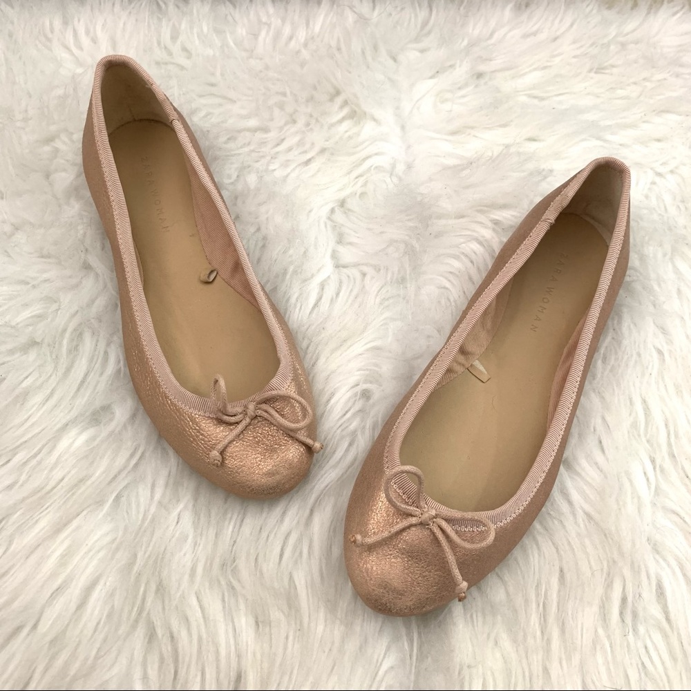 Zara Leather Metallic Pink Ballet Flats